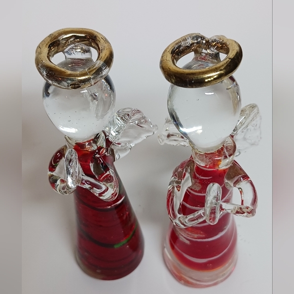 Set of 2 Glass Angel Ornaments Hands Praying Clear Wings Red Green White - Picture 3 of 7